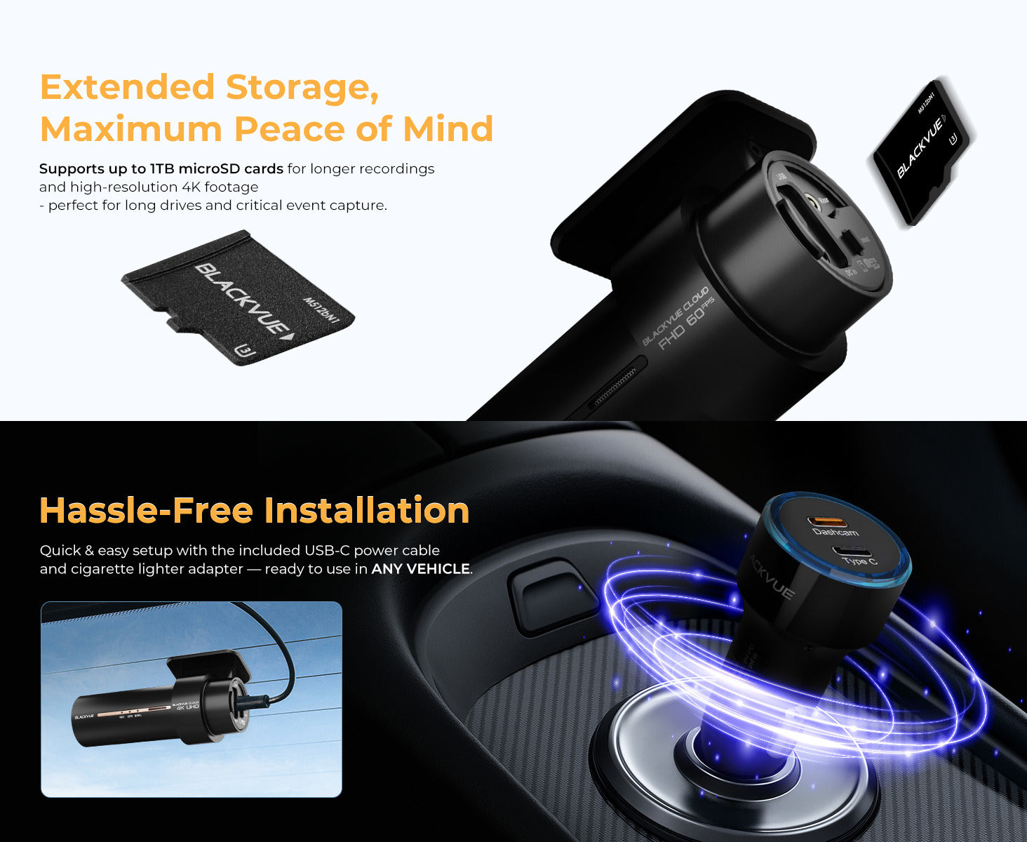 Come with USB ports and BlackVue memory card up to 1TB