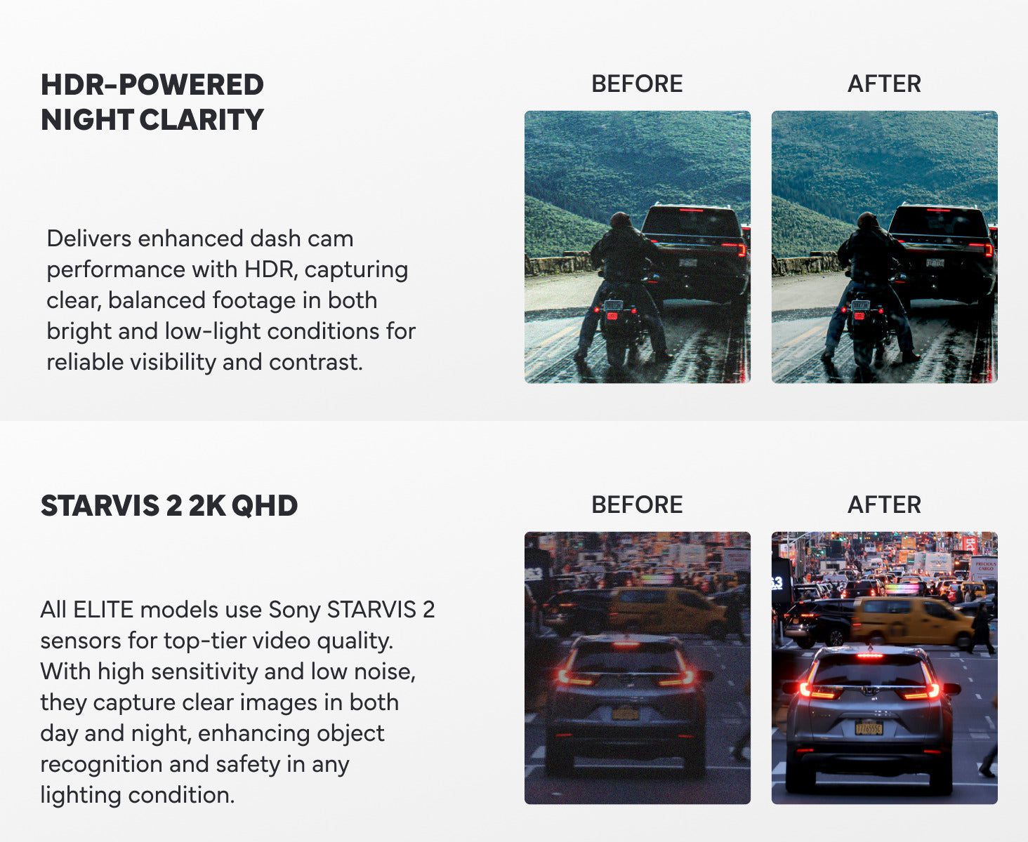 Blackvue Elite 8 Dash cam - Comparison of night clarity before and after using HDR and STARVIS 2K QHD technology.
