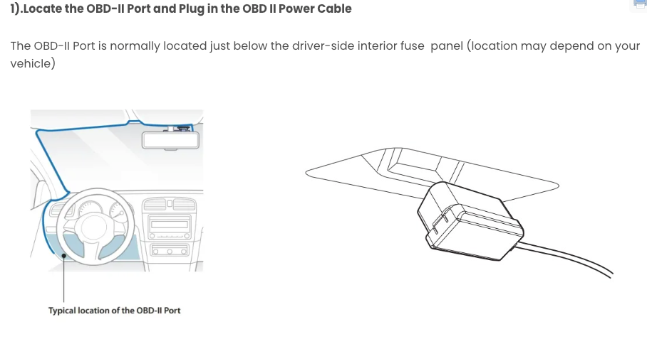 Diagram showing the location of the OBD II Port and Plug in a vehicle.