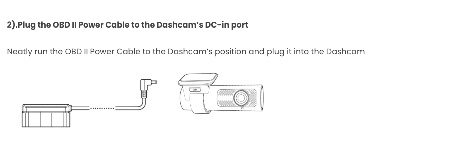 Diagram showing how to connect an OBD II power cable to a dashcam.