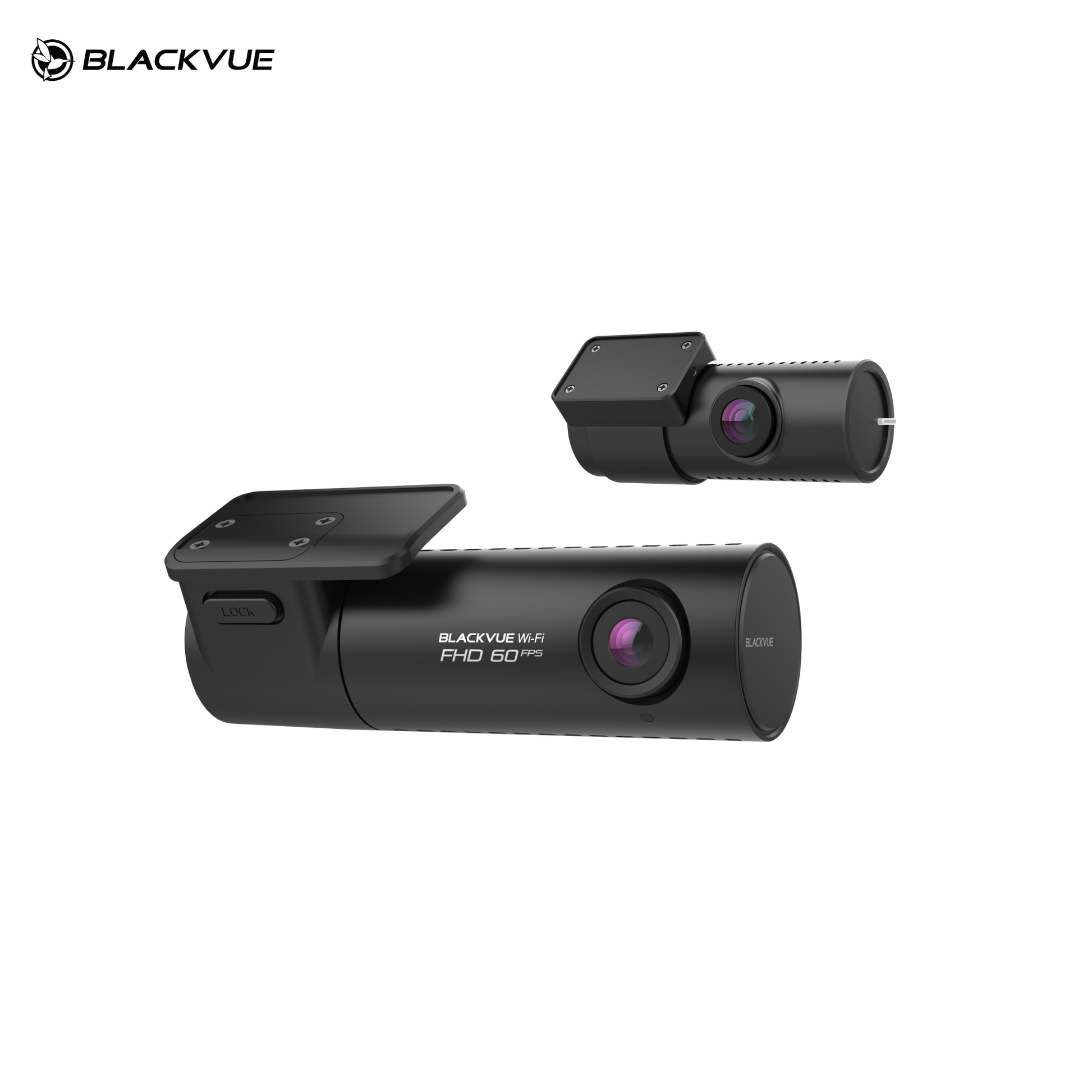 BlackVue Wi-Fi FHD 60 FPS dash cam with rear camera, sleek black design for clear road recording