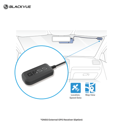 GNSS external GPS receiver for a car with Blackvue branding.