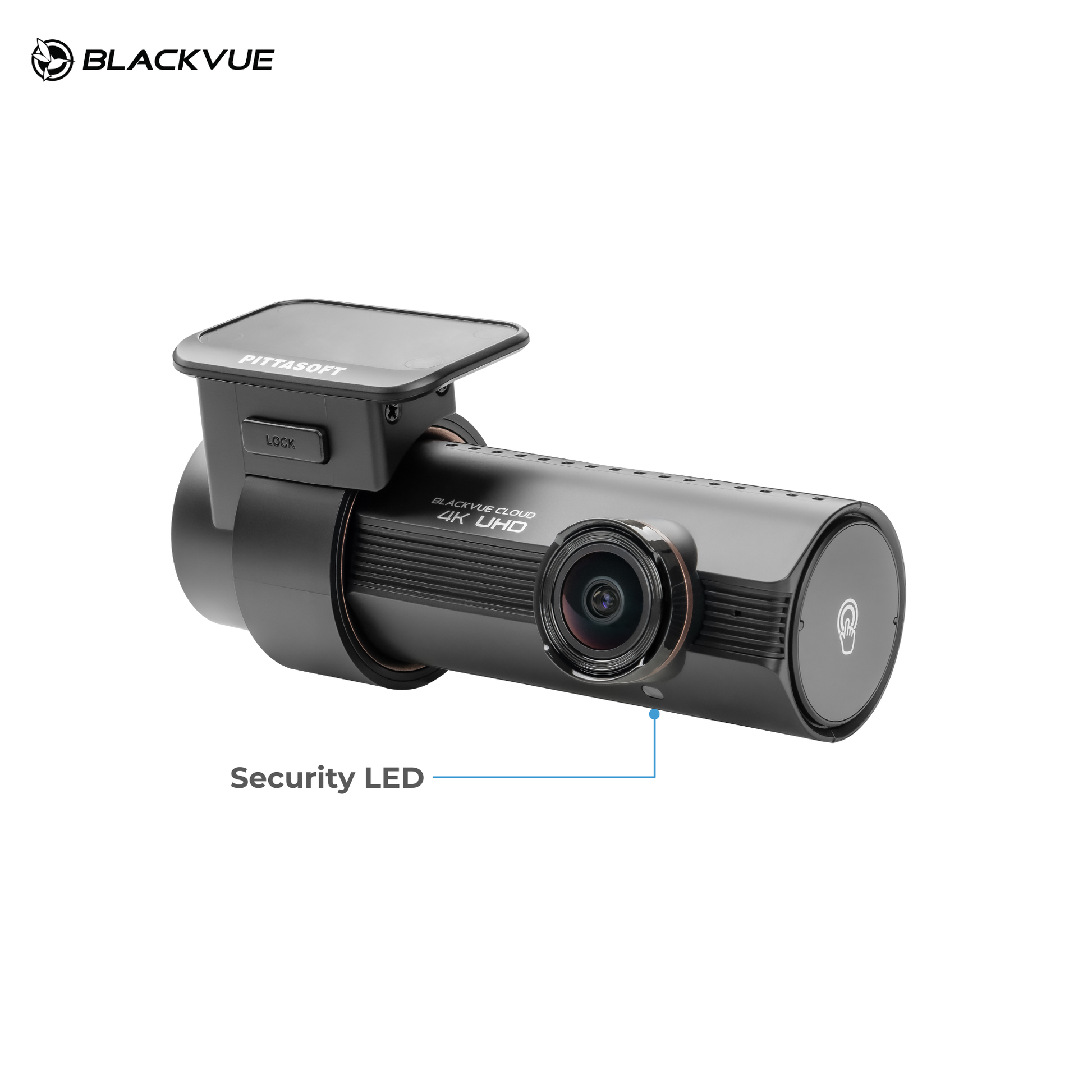 BlackVue DR970X-2CH Plus II Dash Cam showing 4K UHD lens and security LED indicator.