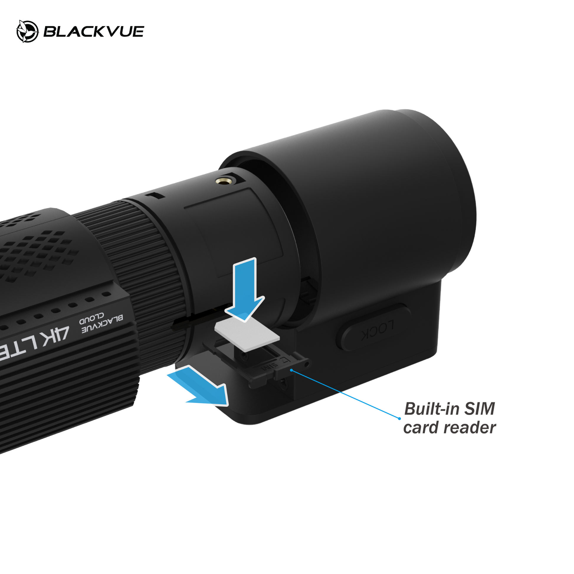 BlackVue DR970X-2CH LTE Plus II Dash Cam showcasing the built-in SIM card reader.