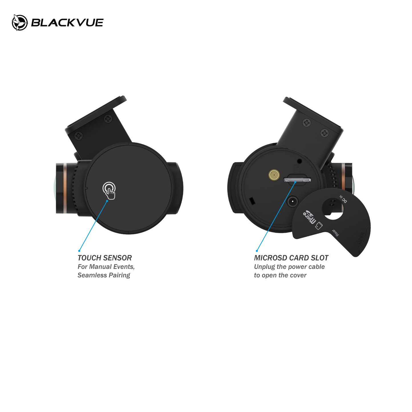 BlackVue DR970X-2CH LTE Plus II Dash Cam features touch sensor and microSD card slot for easy access.