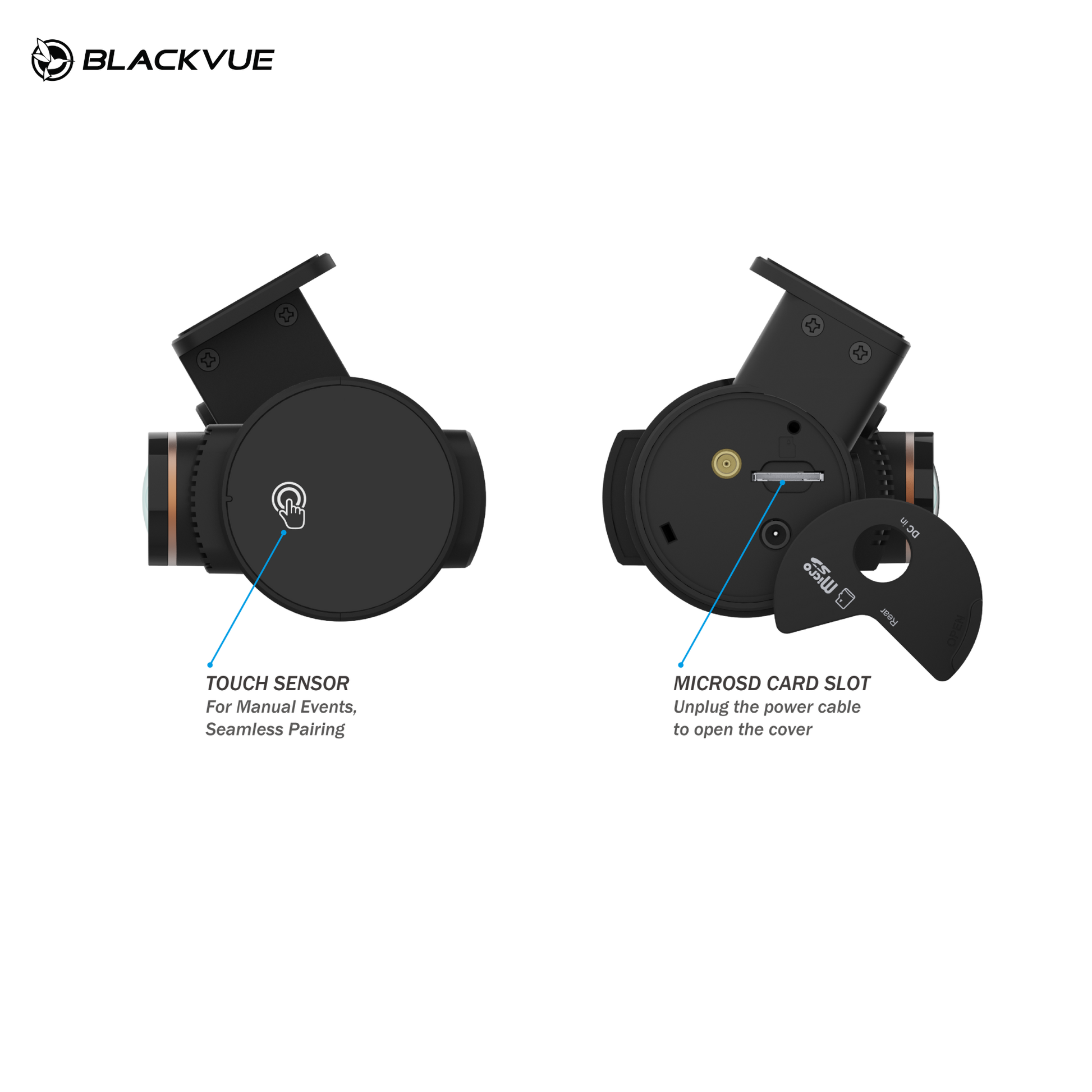 BlackVue DR970X-2CH LTE Plus II Dash Cam features touch sensor and microSD card slot for easy access.